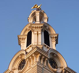 Close up view of Lawrence City Hall Clock Tower